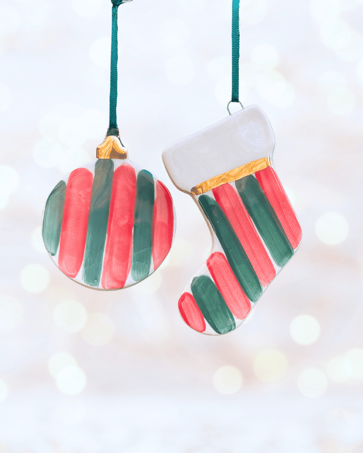 Set of 2 Red and Green Stripe Ornaments