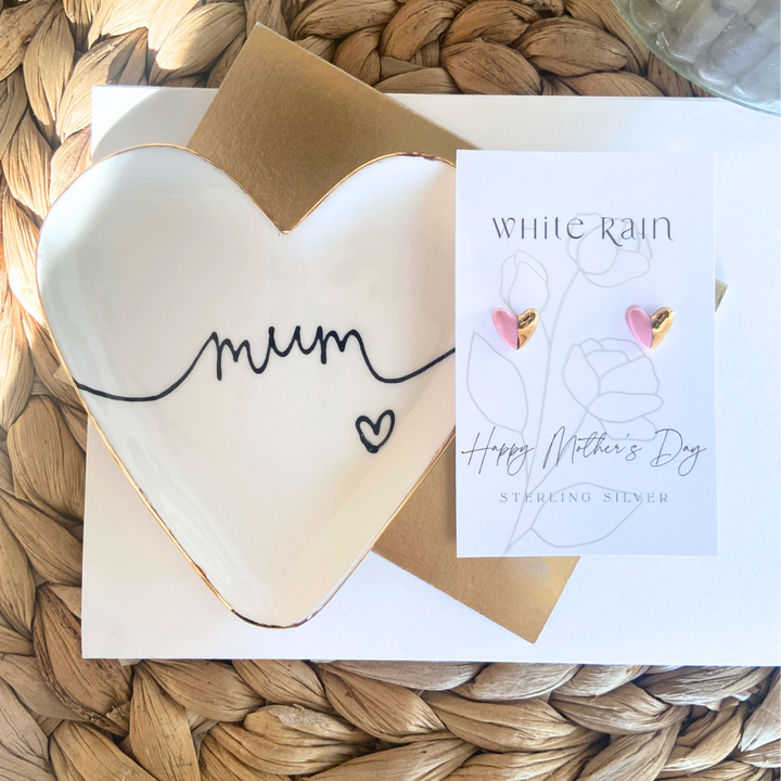 Personalised trinket dish and stud earrings on a Mothers Day presentation card