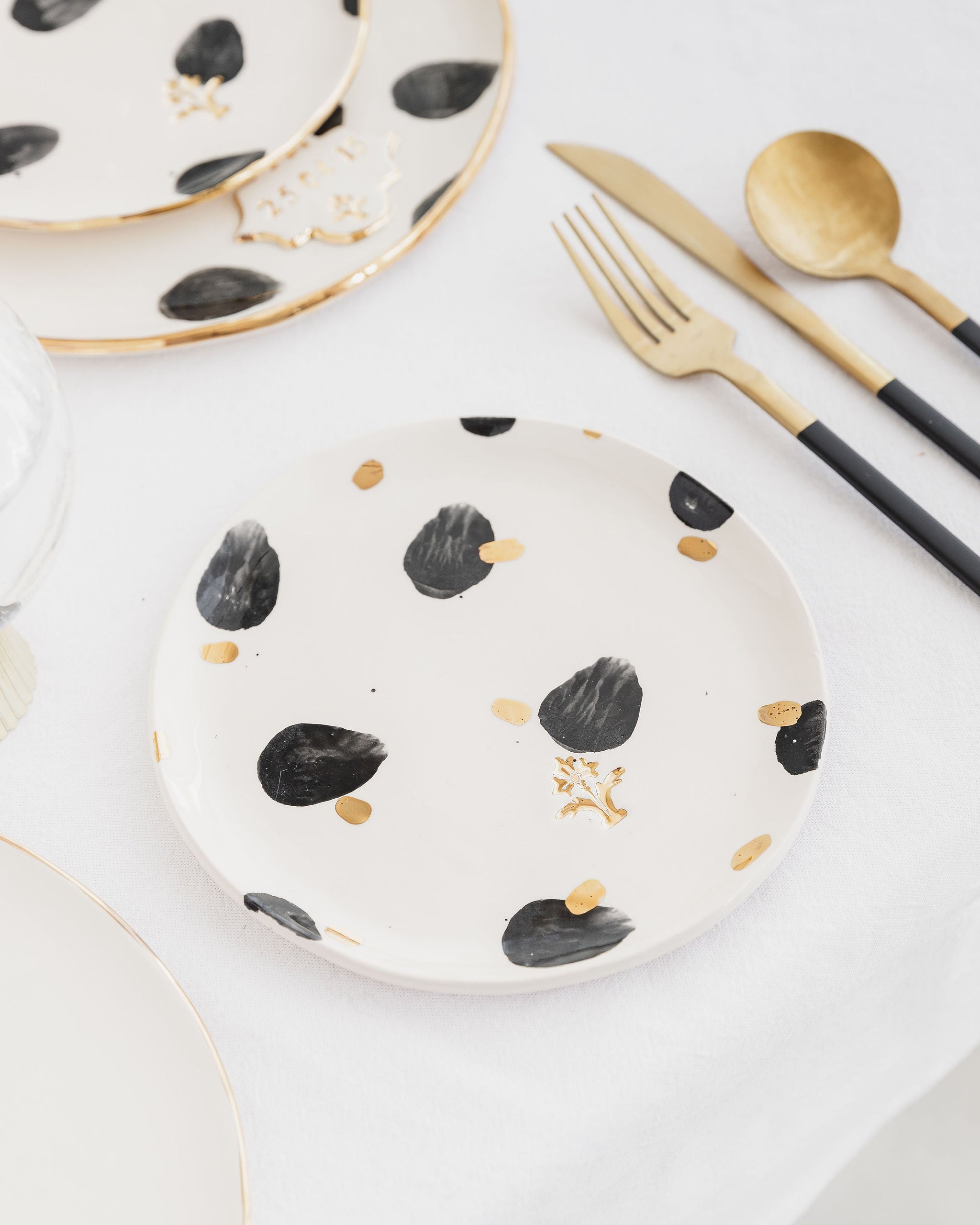 Personalised Large Serving Plate with Black Spots and Gold Flower Motif Stamp