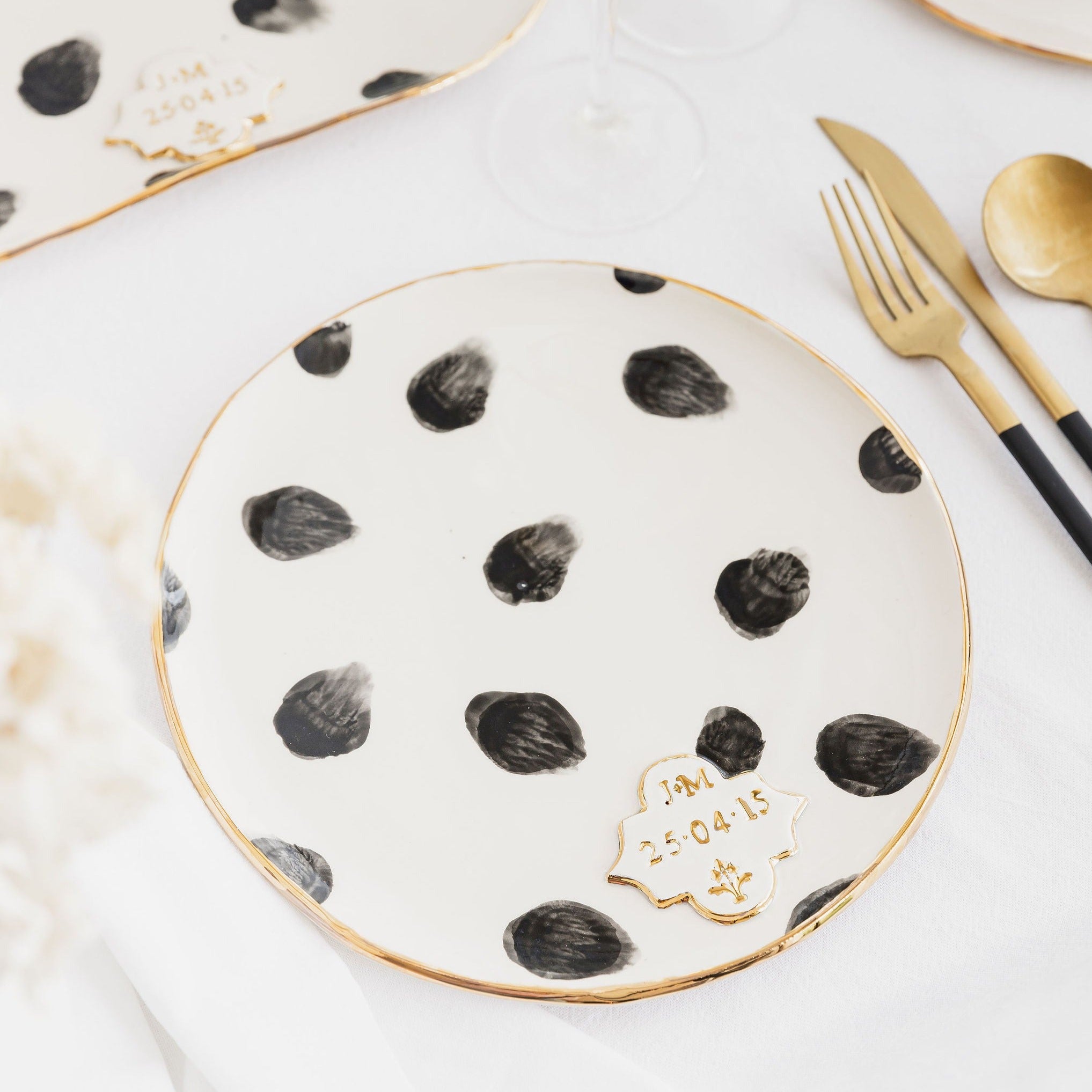 Personalised Large Serving Plate with Black Spots and Gold Flower Motif Stamp