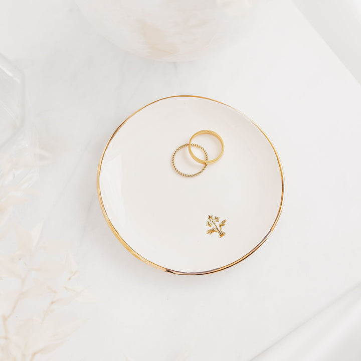 White Ceramic Trinket Dish with a Gold Flower Motif Stamp