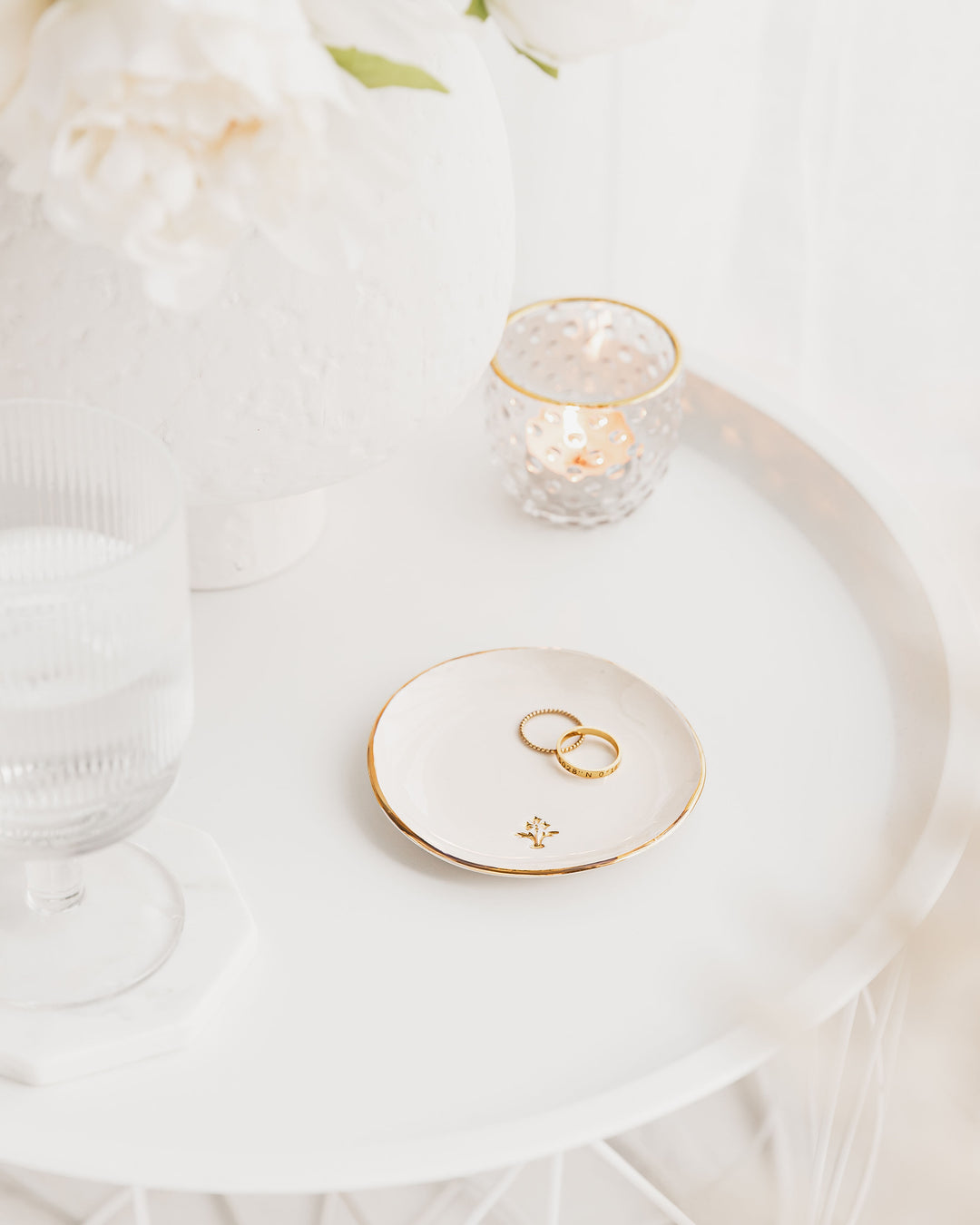 White Ceramic Trinket Dish with a Gold Flower Motif Stamp