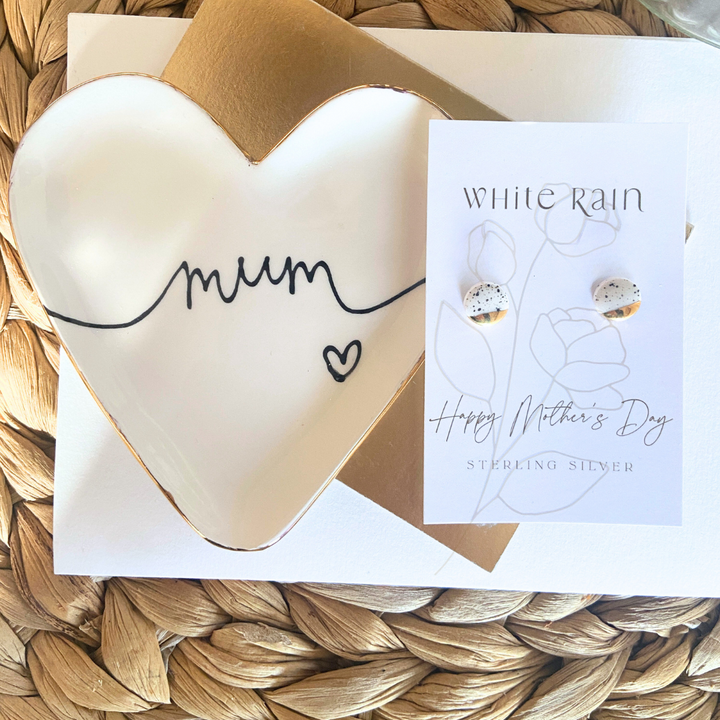 Personalised trinket dish and stud earrings on a Mothers Day presentation card