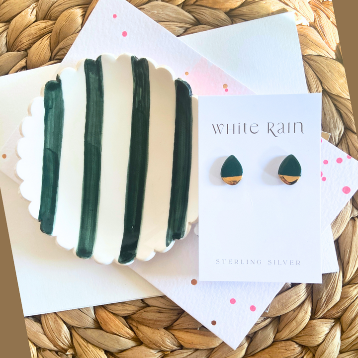 Green Stripe Trinket dish and earrings Gift set