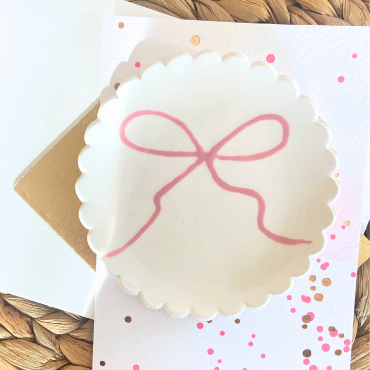 Pink Bow on a scallop shaped trinket dish and earrings Gift set