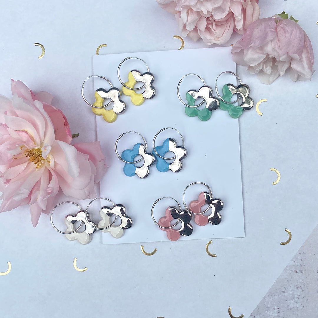 Flower Earrings with Hoops (Silver)