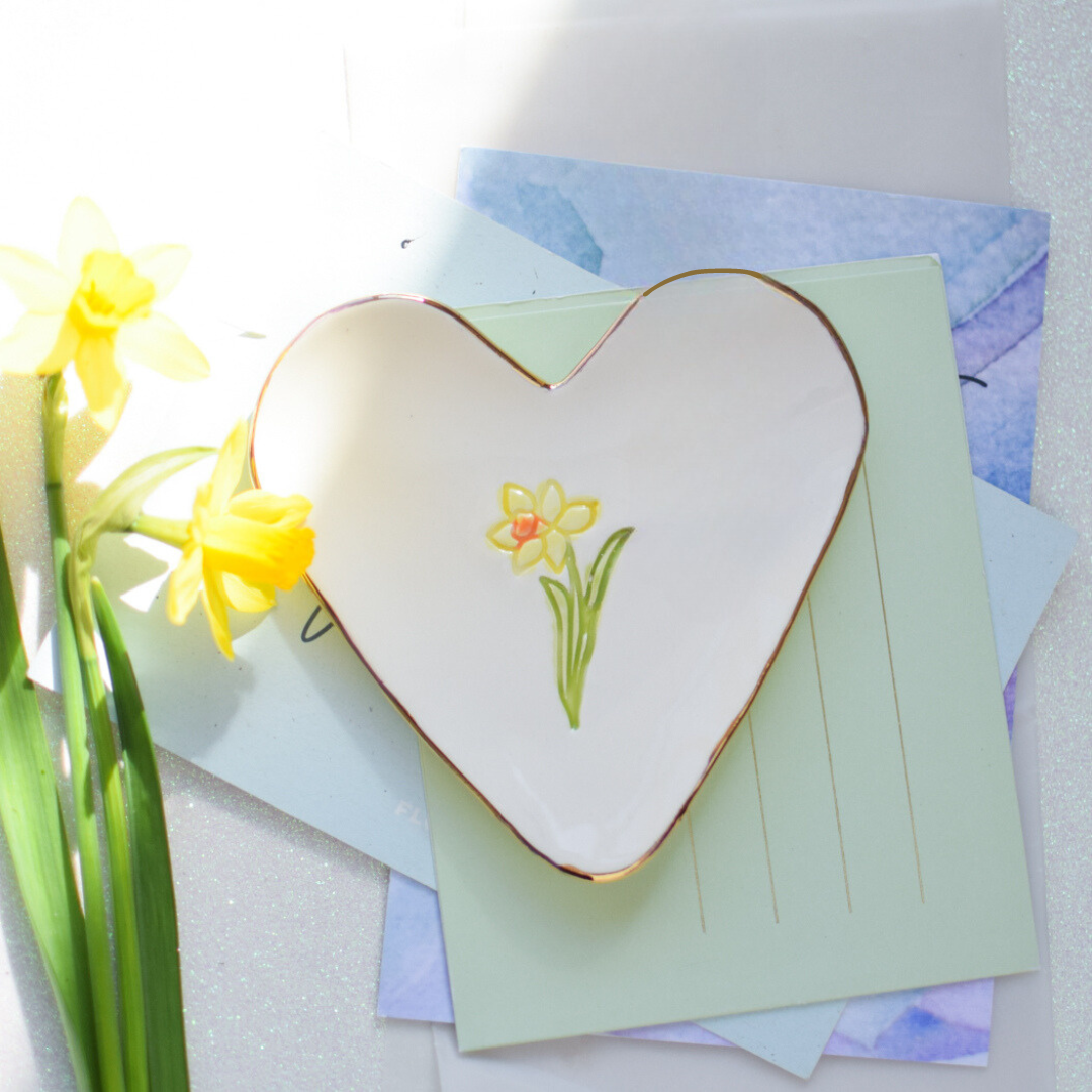 Daffodil trinket dish and ceramic earrings on a Mothers Day presentation card