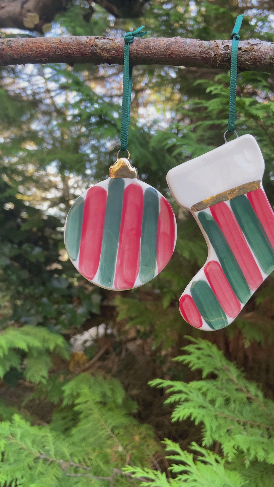 Set of 2 Red and Green Stripe Ornaments