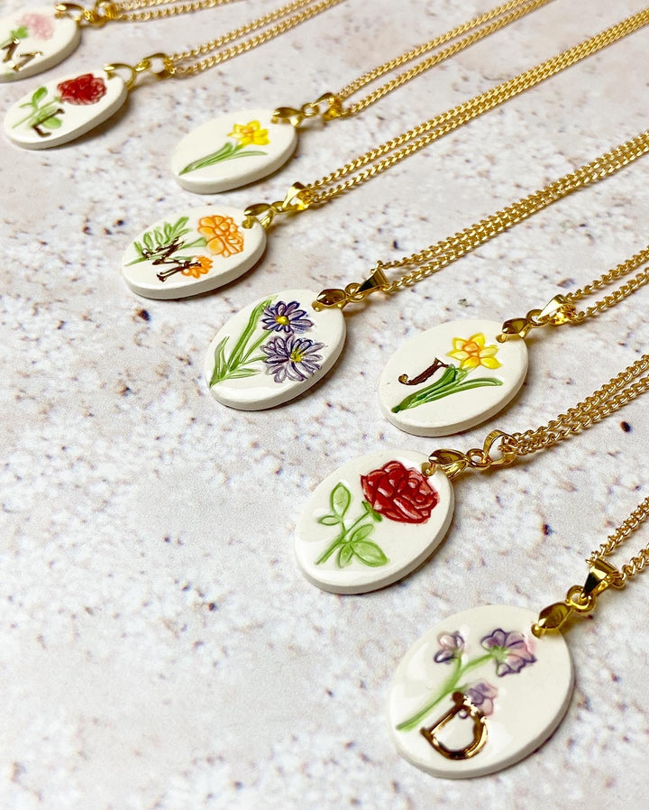 Personalised birth flower necklace and ceramic earrings gift set