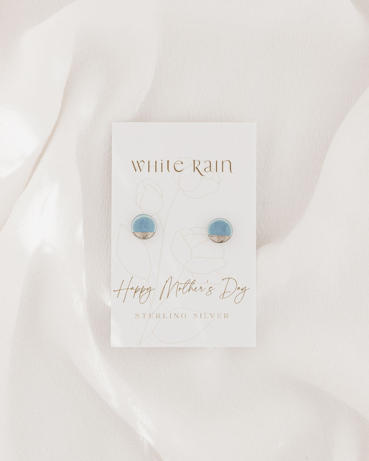 Ceramic stud earrings with platinum lustre on a Happy Mother's Day earring card