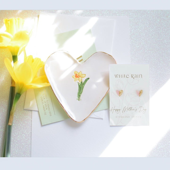 Daffodil trinket dish and ceramic earrings on a Mothers Day presentation card