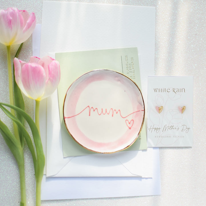 Personalised trinket dish and stud earrings on a Mothers Day presentation card