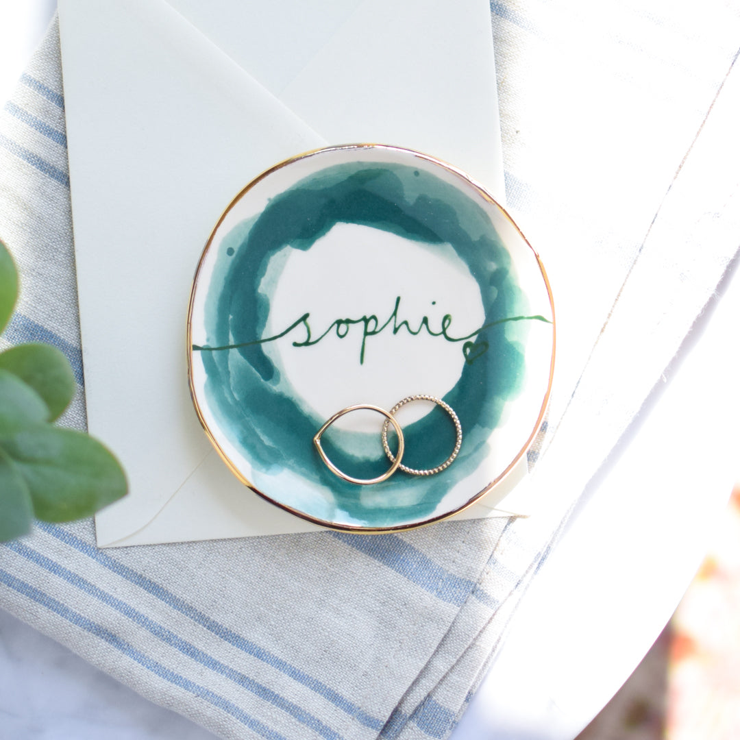 Personalised trinket dish and stud earrings on a Mothers Day presentation card