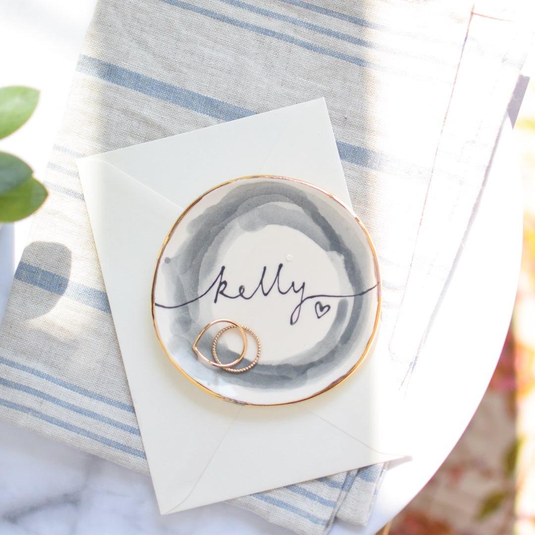 Personalised trinket dish and stud earrings on a Mothers Day presentation card