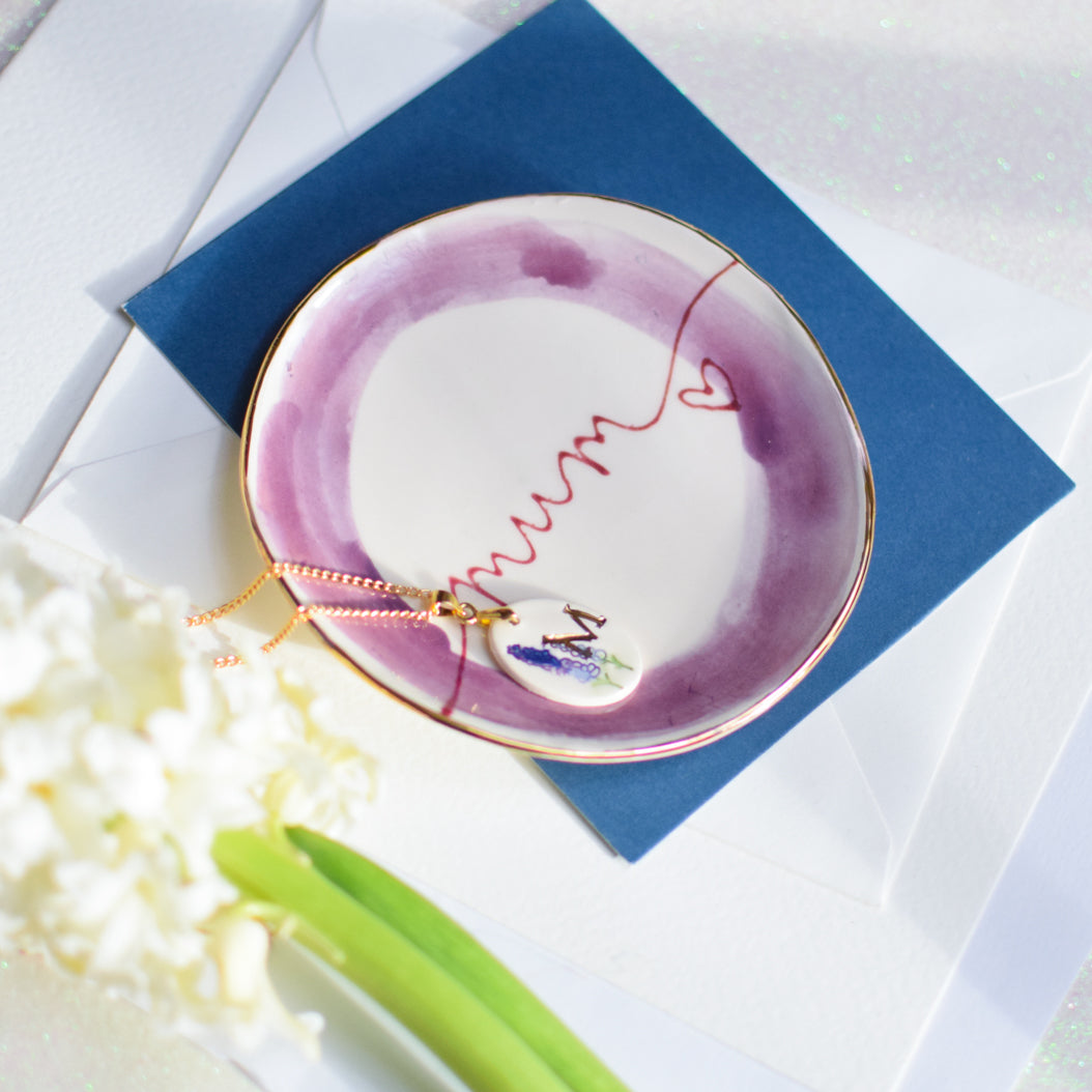 Personalised trinket dish and birth flower necklace gift set