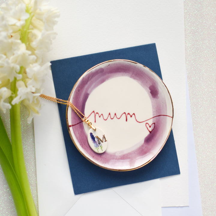 Personalised trinket dish and birth flower necklace gift set